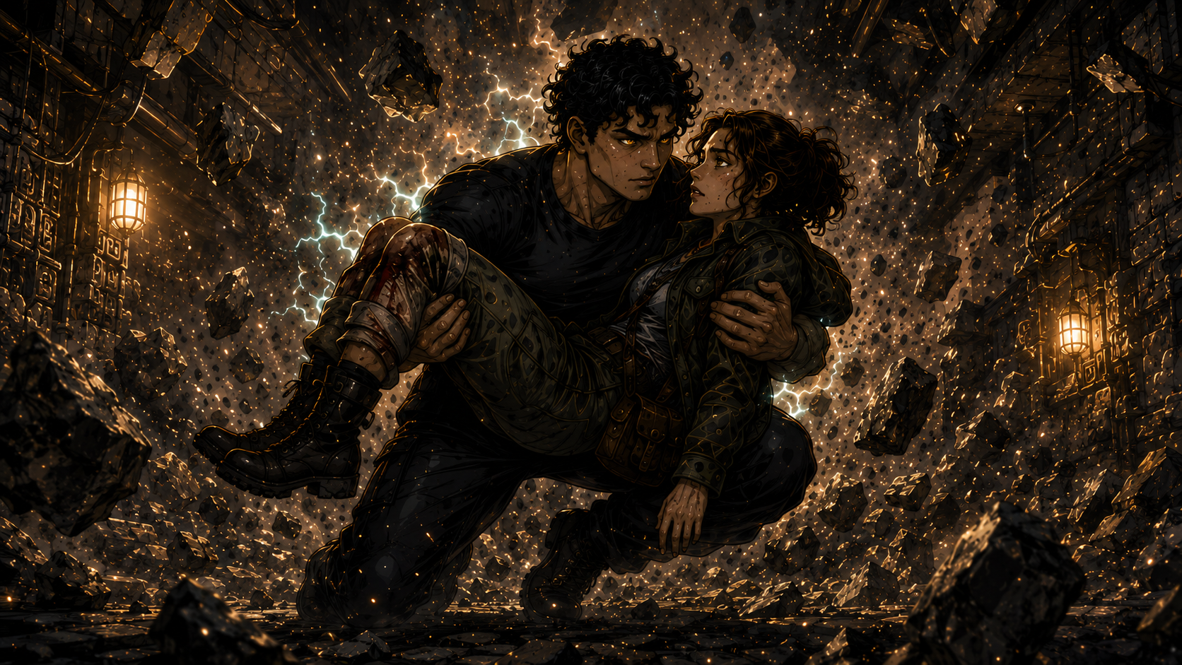 Nexoran carrying Elena from the collapsing chamber